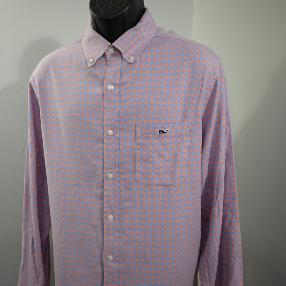 Vineyard Vines Tucker Shirt Mens L Classic Fit Blue Pink Gingham Linen Stretch
